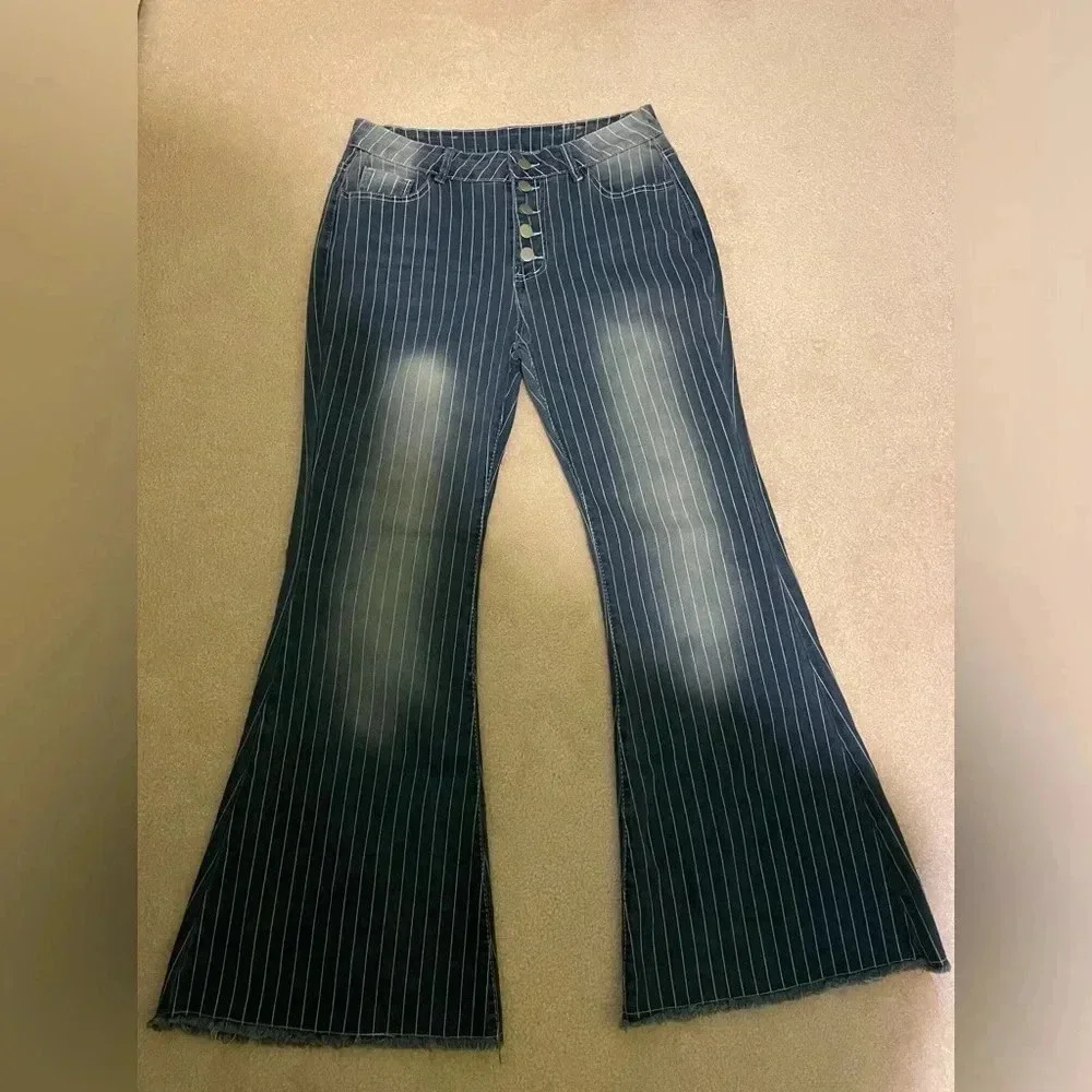 Super flare stretch high rise striped jeans-large NWOT